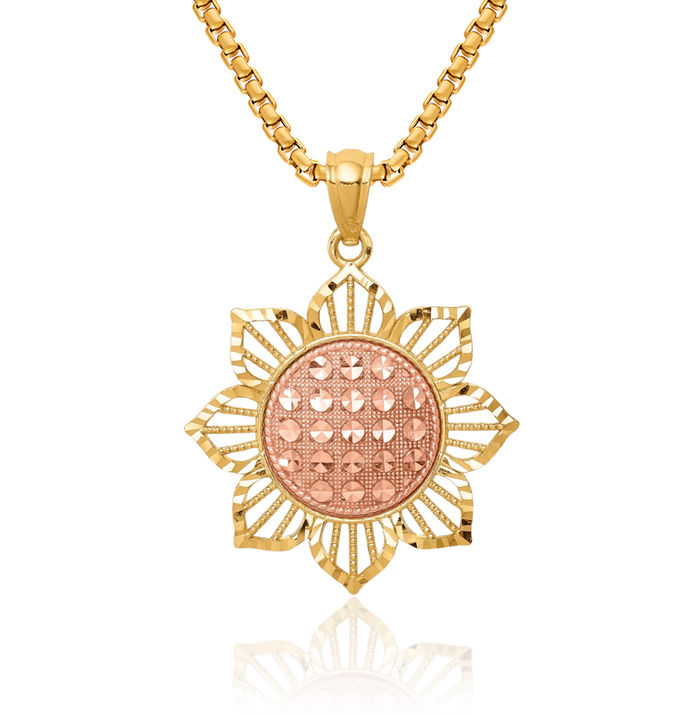 14K Solid Two Tone Gold Sunflower Necklace Daisy Pendant Sunshine Summer Flowers Charm