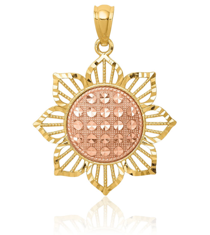 14K Solid Two Tone Gold Sunflower Necklace Daisy Pendant Sunshine Summer Flowers Charm