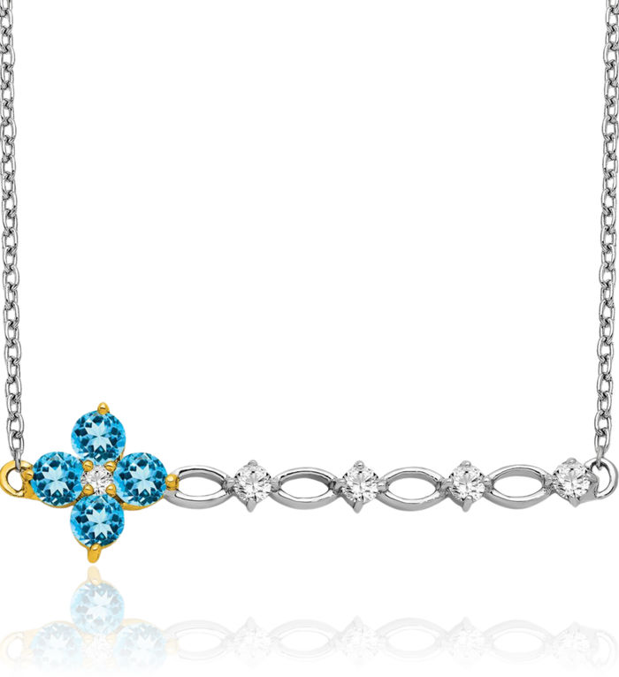 14K Solid Two Tone Gold Swiss Blue Topaz Diamond Flower Bar Chain Necklace Gemstone Pendant Charm