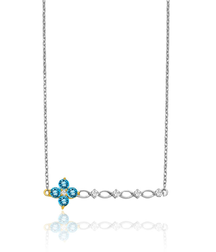 14K Solid Two Tone Gold Swiss Blue Topaz Diamond Flower Bar Chain Necklace Gemstone Pendant Charm