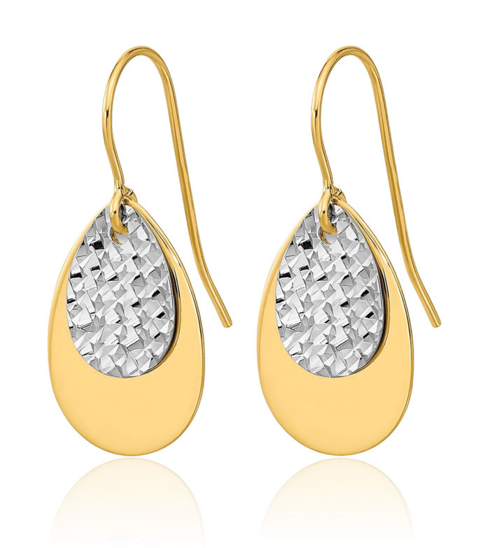 14K Solid Two Tone Gold Teardrop Drop Dangle Earrings