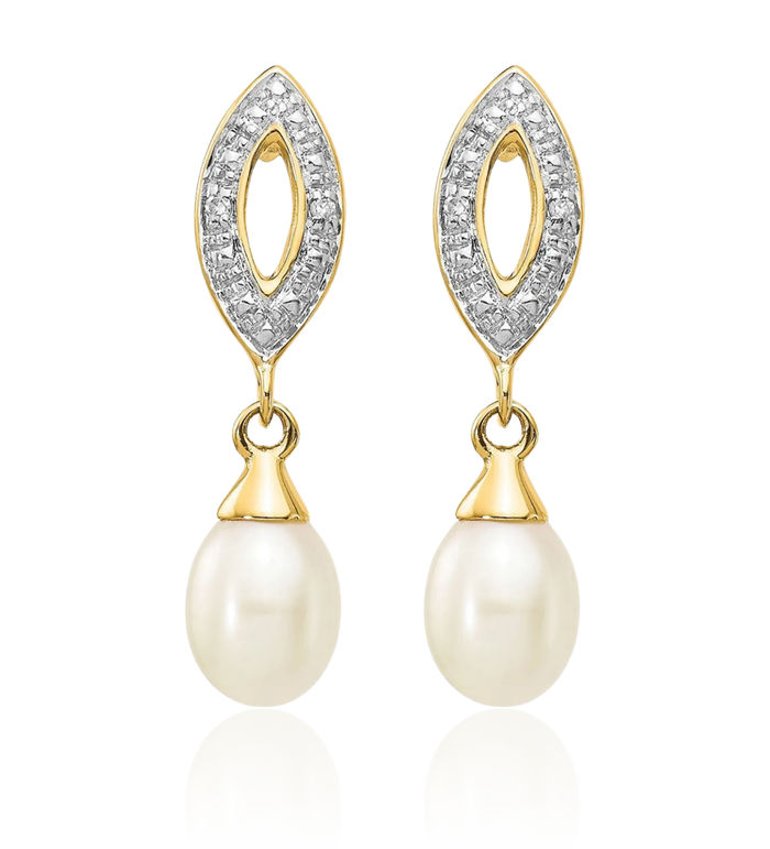 14K Solid Two Tone Yellow White Gold Teardrop Freshwater Cultured Pearl Diamond Drop Dangle Earrings