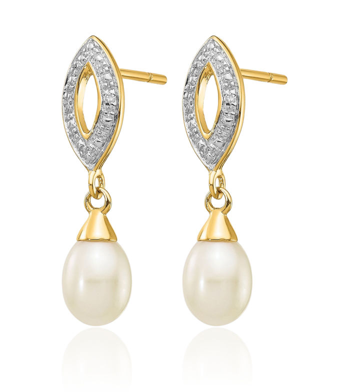 14K Solid Two Tone Yellow White Gold Teardrop Freshwater Cultured Pearl Diamond Drop Dangle Earrings