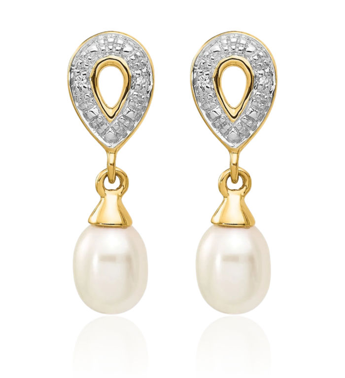 14K Solid Two Tone Yellow White Gold Teardrop Freshwater Cultured Pearl Diamond Drop Dangle Earrings