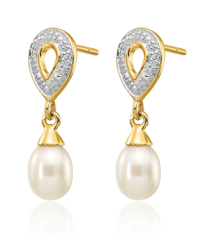 14K Solid Two Tone Yellow White Gold Teardrop Freshwater Cultured Pearl Diamond Drop Dangle Earrings