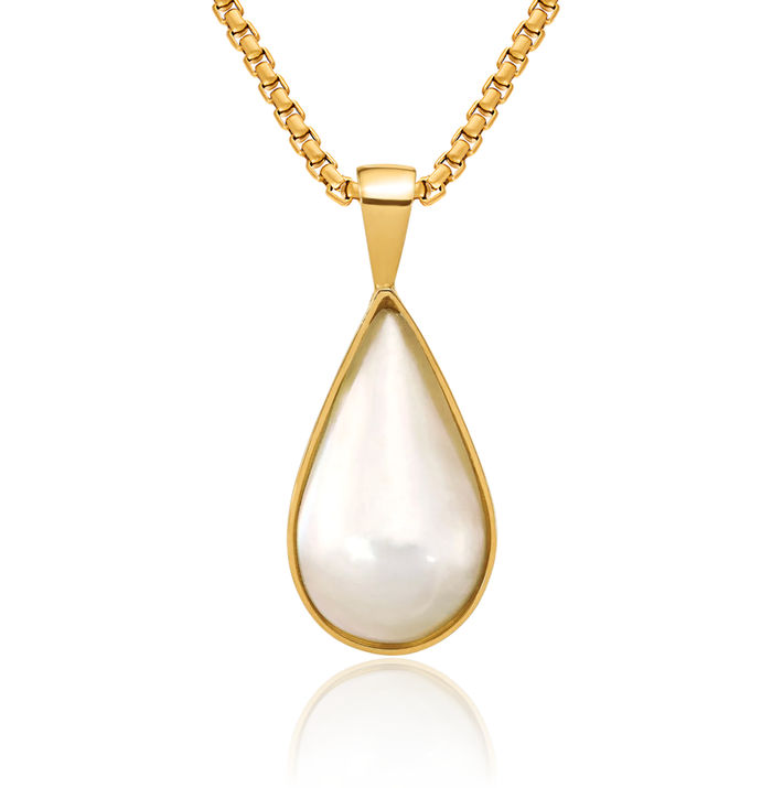 14K Solid Two Tone Yellow White Gold Teardrop Saltwater Mabe Pearl Necklace Chain Pendant Charm