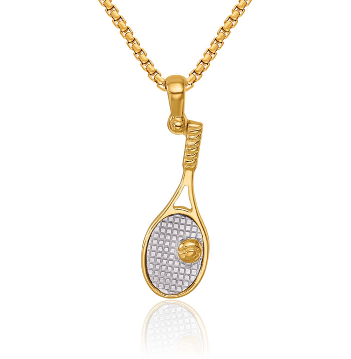 14K Solid Two Tone Gold White Tennis Ball Racket Necklace Charm Sports Pendant
