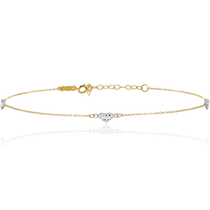 14K Solid Two Tone Gold Triple Heart Anklet Summer Beach Foot Ankle Bracelet