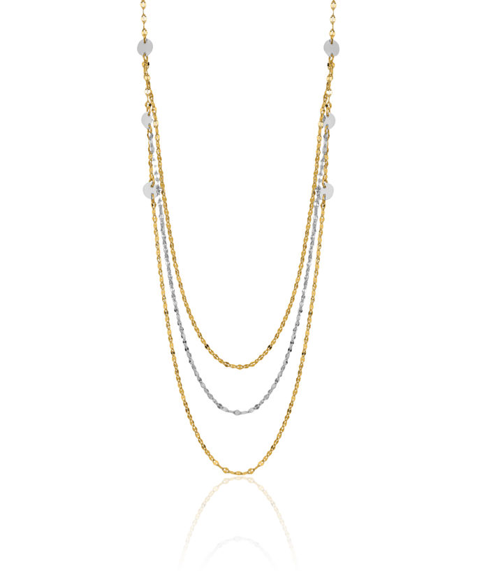 14K Solid Two Tone Gold Triple Layering Circle Round Chain Necklace