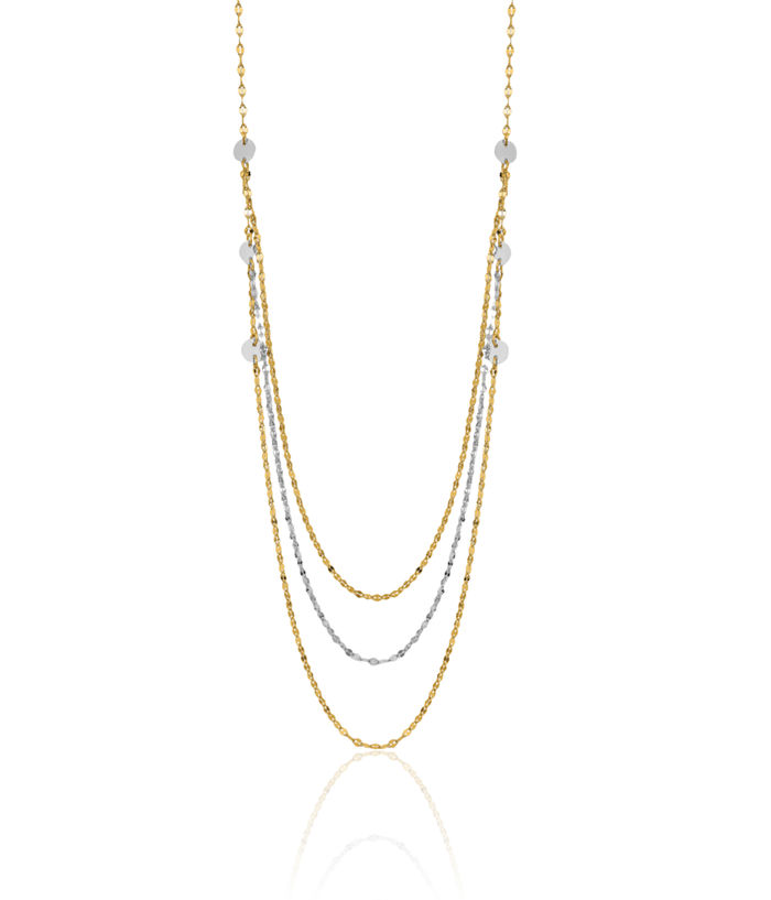 14K Solid Two Tone Gold Triple Layering Circle Round Chain Necklace