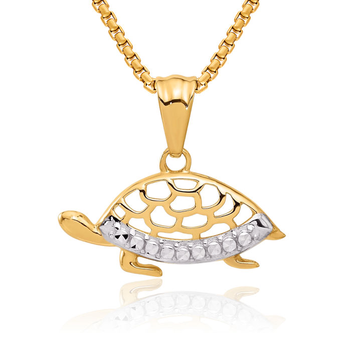 14K Solid Two Tone Yellow White Gold Sea Turtle Necklace Chain Pendant Charm