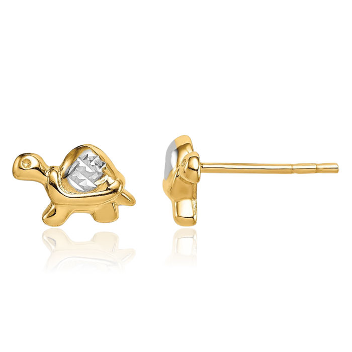 14K Solid Two Tone Yellow White Gold Sea Turtle Stud Earrings