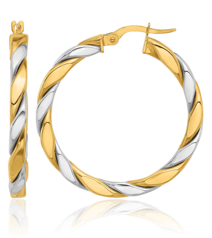 14K Solid Two Tone Gold Twisted 3mm Round Medium Hoop Earrings