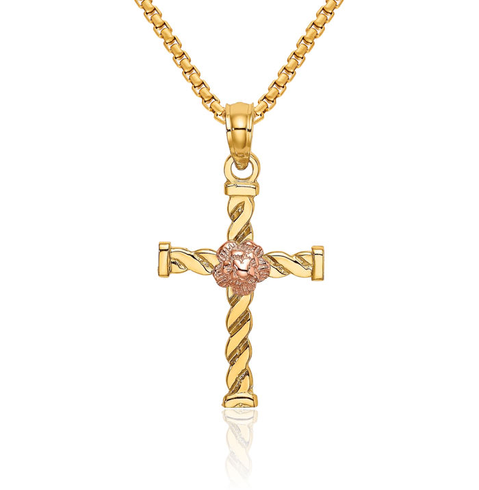 14K Solid Two Tone Gold Twisted Holy Cross Flower Necklace Religious Chain Pendant Jesus Christ Charm