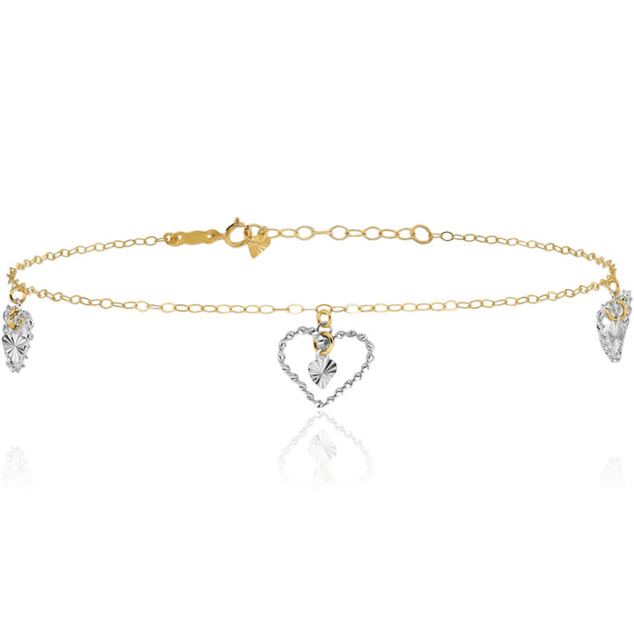 14K Solid Two Tone Gold Twisted Heart Anklet Summer Beach Foot Ankle Bracelet