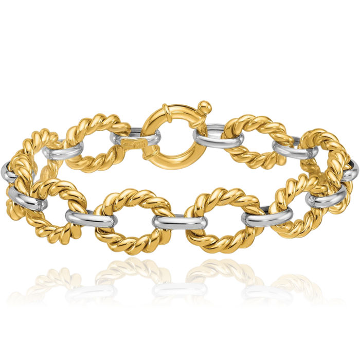 14K Solid Two Tone Gold White Twisted Oval Cable Rolo Link Chain Bracelet