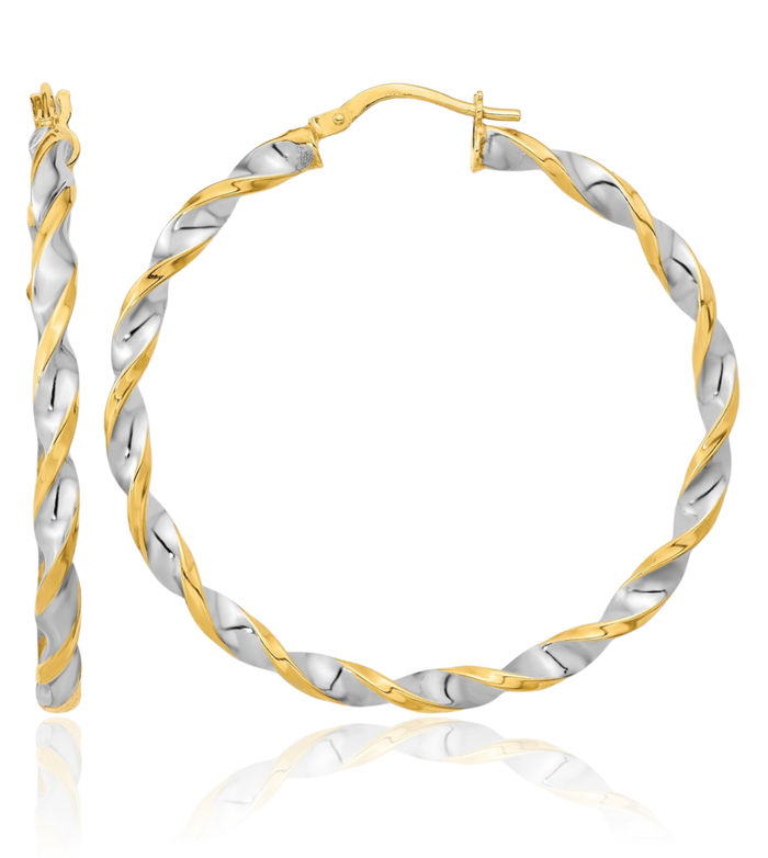 14K Solid Two Tone Yellow White Gold Twisted Round Large Hoop Earrings