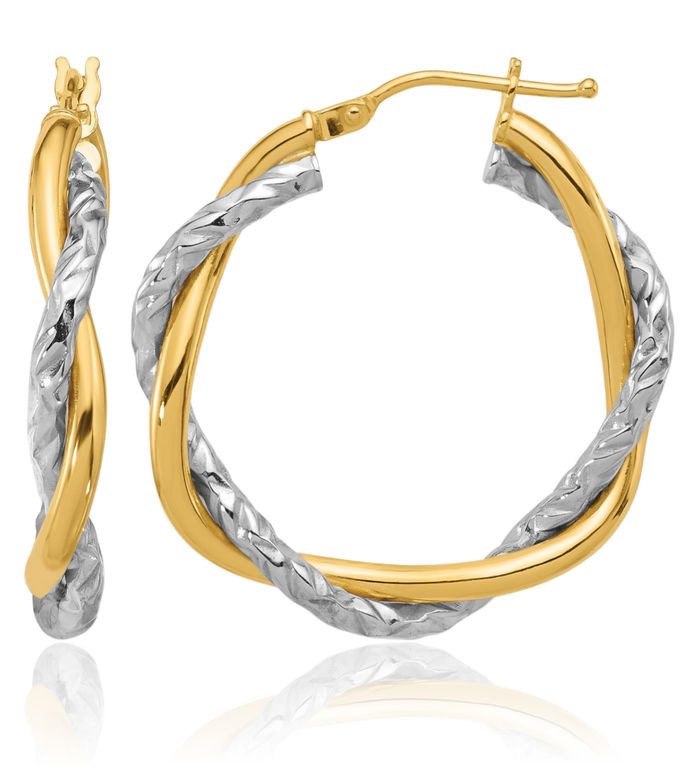 14K Solid Two Tone Gold Twisted Round Medium Hoop Earrings