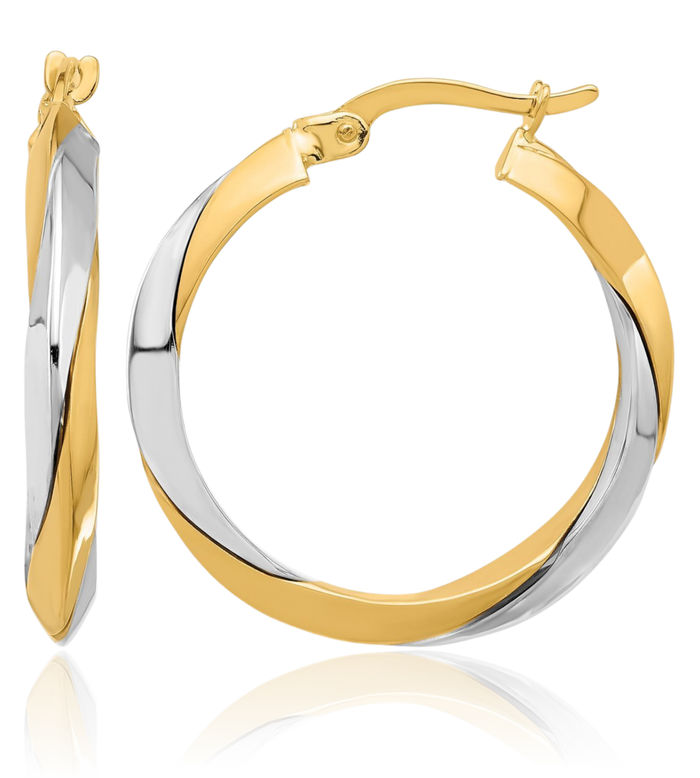 14K Solid Two Tone Gold Twisted Round Medium Hoop Earrings