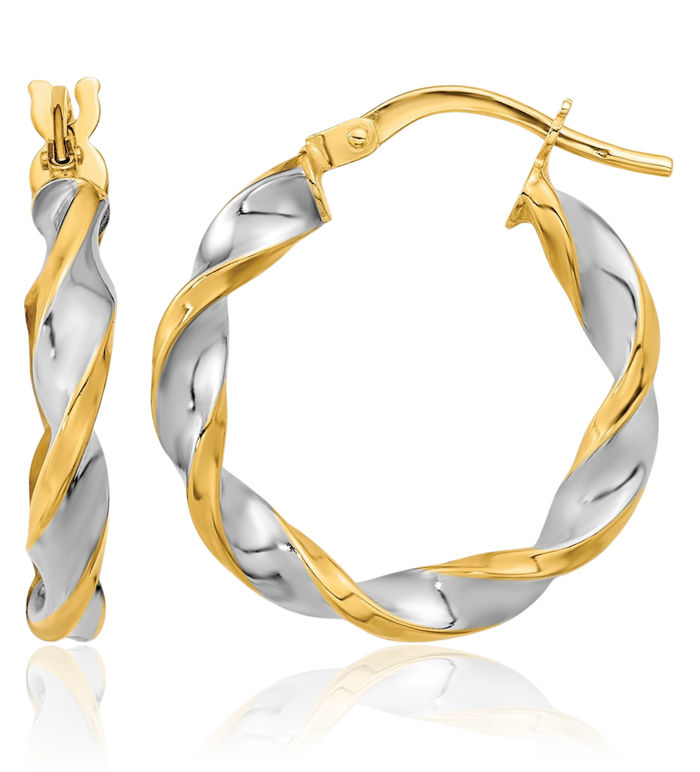 14K Solid Two Tone Yellow White Gold Twisted Round Medium Hoop Earrings