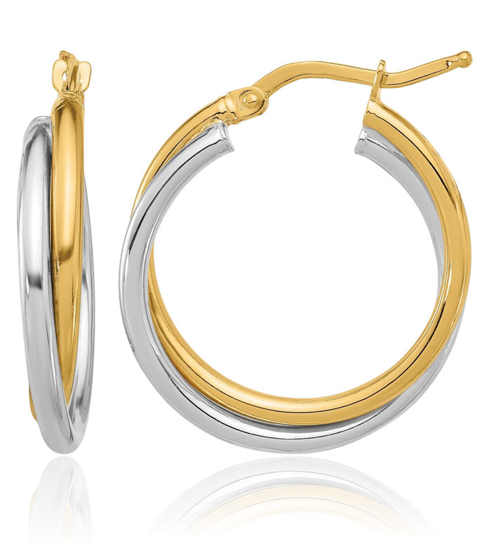 14K Solid Two Tone Gold White Twisted Round Medium Hoop Earrings