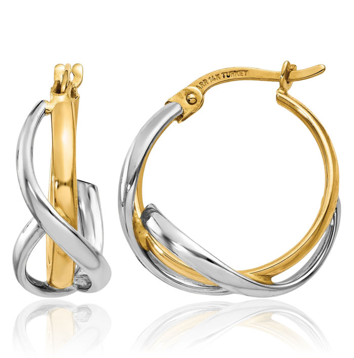 14K Solid Two Tone Gold Twisted Round Small Hoop Earrings