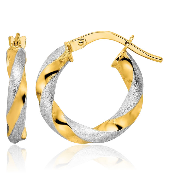 14K Solid Two Tone Yellow White Gold Twisted Round Small Hoop Earrings