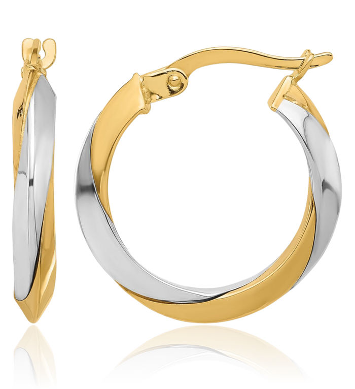 14K Solid Two Tone Gold Twisted Round Small Hoop Earrings