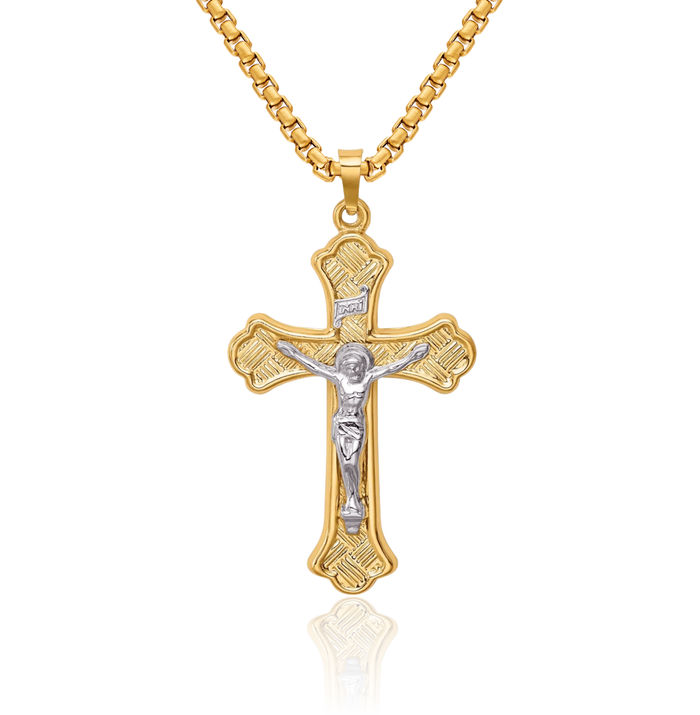 14K Solid Two Tone Gold Woven French Fleur De Lis Lily Flower Lord Jesus Christ Crucifix Holy Cross Necklace Religious Chain Pendant Charm