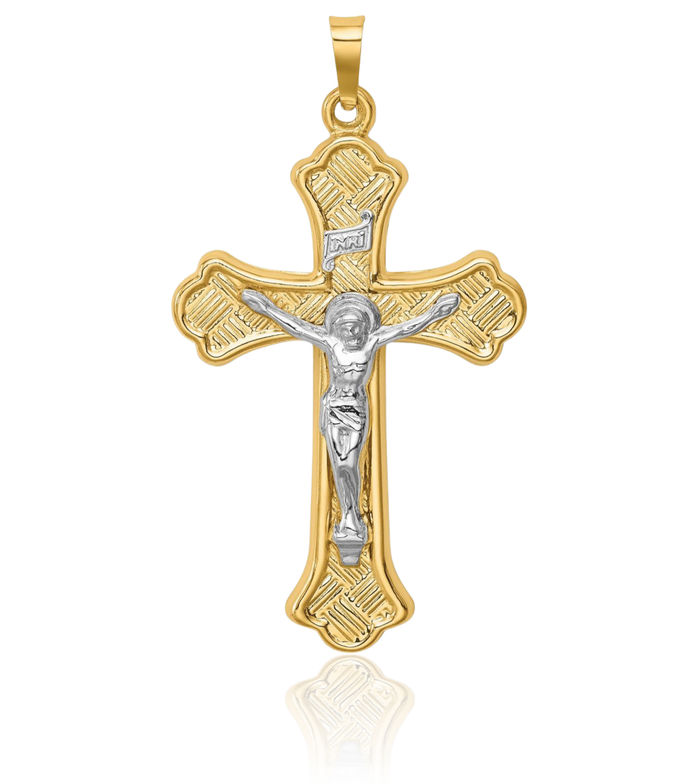 14K Solid Two Tone Gold Woven French Fleur De Lis Lily Flower Lord Jesus Christ Crucifix Holy Cross Necklace Religious Chain Pendant Charm