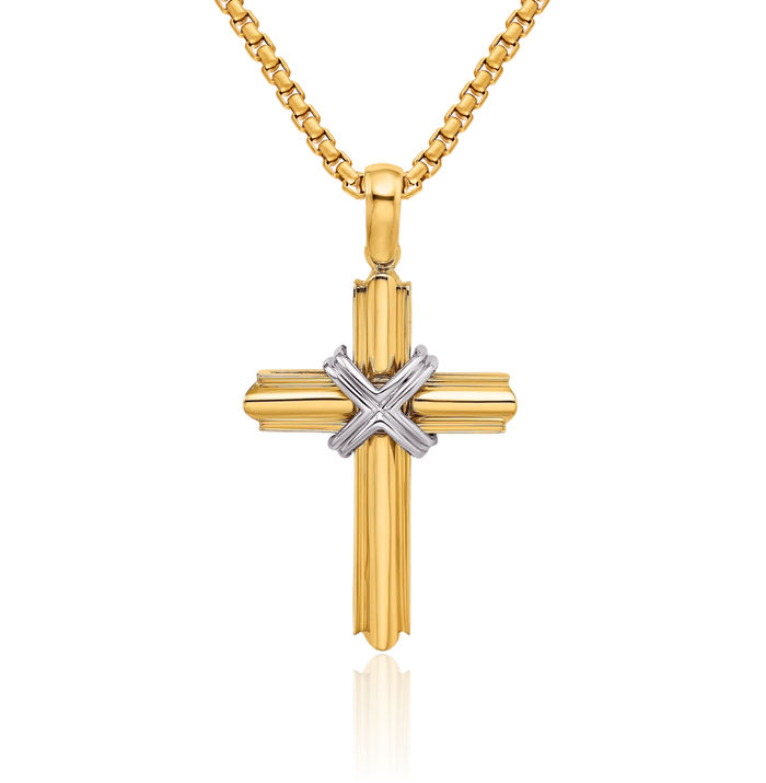 14K Solid Two Tone Gold Wrapped Holy Cross Necklace Religious Chain Pendant Jesus Christ Charm