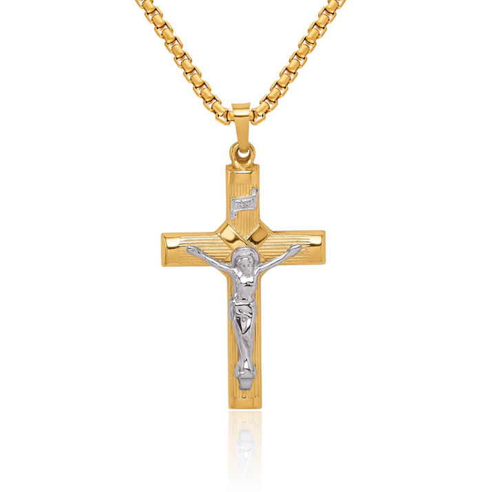 14K Solid Two Tone Gold x Lord Jesus Christ Crucifix Holy Cross Necklace Religious Chain Pendant Charm