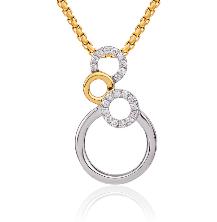 14K Solid Two Tone Gold Yellow Diamond Circle Round Floating Chain Slide Pendant Necklace Charm