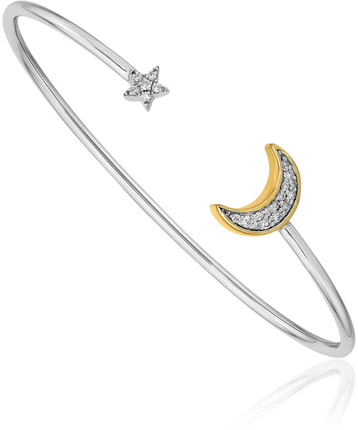 14K Solid Two Tone Gold Yellow Crescent Moon Star Diamond Cuff Charm Bracelet