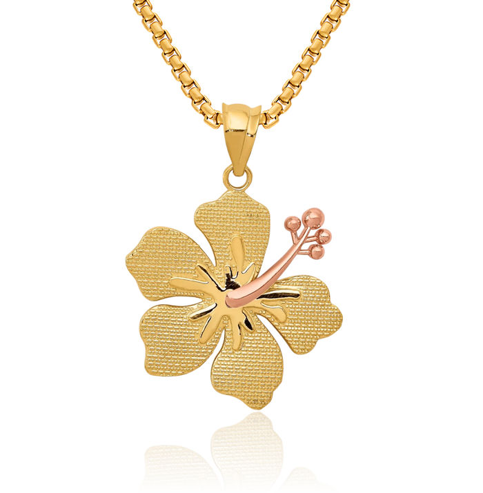 14K Solid Two Tone Gold Yellow Rose Flower Tropical Hibiscus Necklace Hawaiian Pendant Plumeria Charm