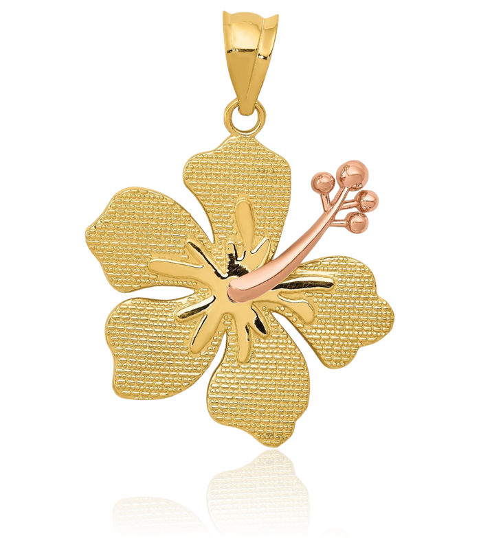 14K Solid Two Tone Gold Yellow Rose Flower Tropical Hibiscus Necklace Hawaiian Pendant Plumeria Charm