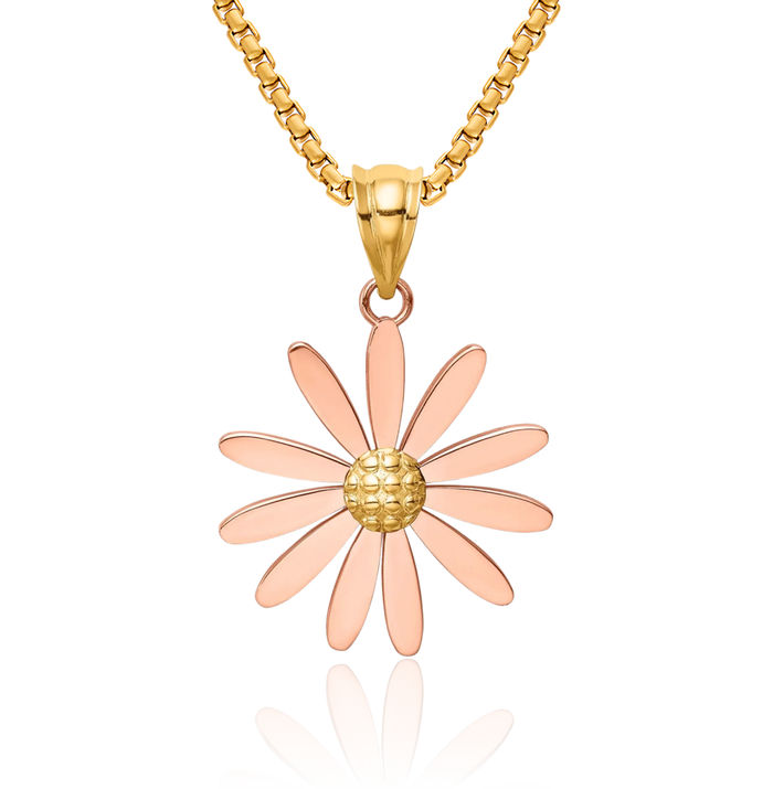 14K Solid Two Tone Rose Flower Yellow Gold Daisy Necklace Chain Pendant Charm