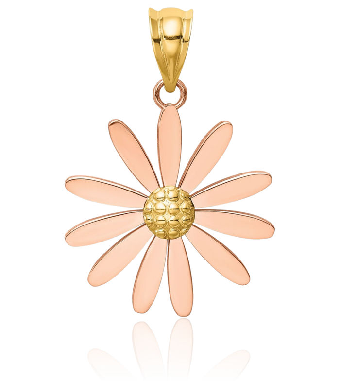 14K Solid Two Tone Rose Flower Yellow Gold Daisy Necklace Chain Pendant Charm