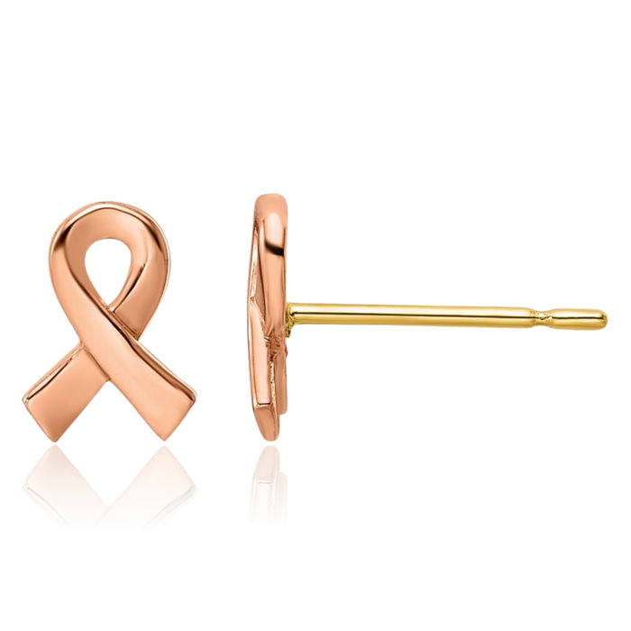 14K Solid Two Tone Rose Yellow Cancer Awareness Ribbon Gold Stud Earrings