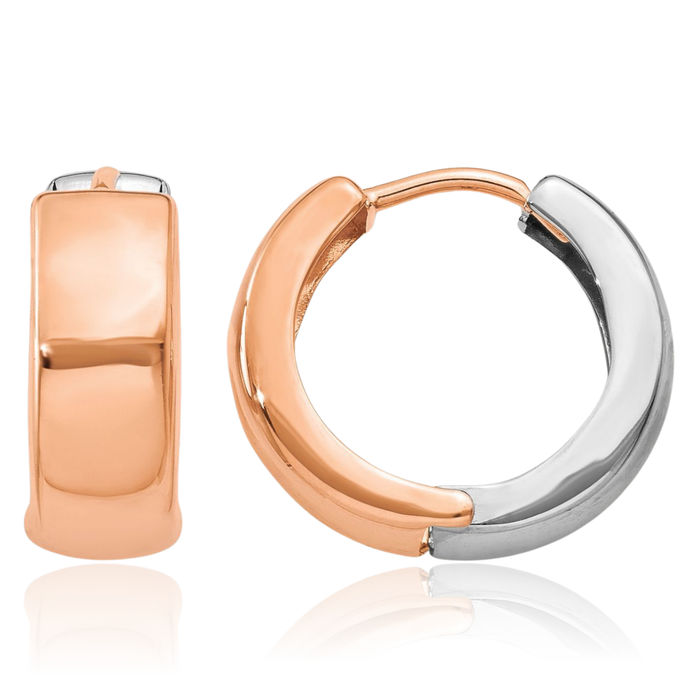 14K Solid Two Tone White Rose Pink Gold Round Huggie Small Hoop Earrings