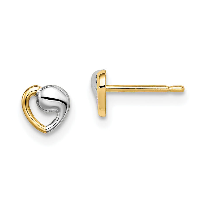 14K Solid Two Tone Yellow White Gold Heart Stud Earrings