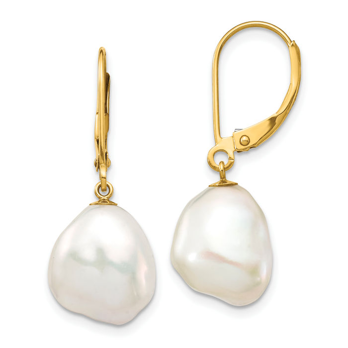 14K Solid Two Tone Yellow White Gold Keshi Freshwater Cultured Pearl Drop Dangle Earrings Gemstone