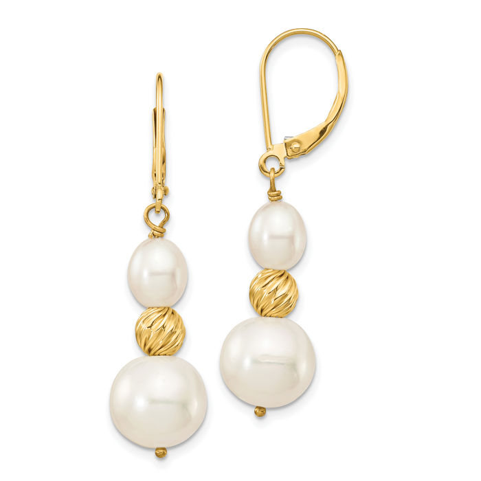 14K Solid Two Tone Yellow White Gold Round Rice Freshwater Cultured Pearland Beaded Drop Dangle Earrings Gemstone