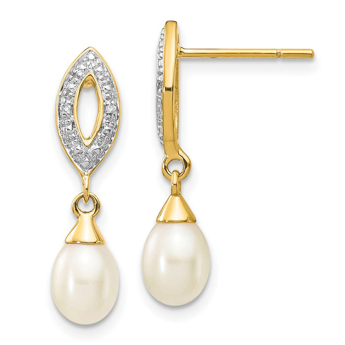 14K Solid Two Tone Yellow White Gold Teardrop Freshwater Cultured Pearl Diamond Drop Dangle Earrings