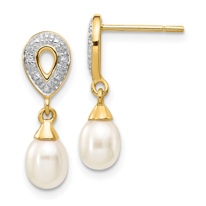 14K Solid Two Tone Yellow White Gold Teardrop Freshwater Cultured Pearl Diamond Drop Dangle Earrings