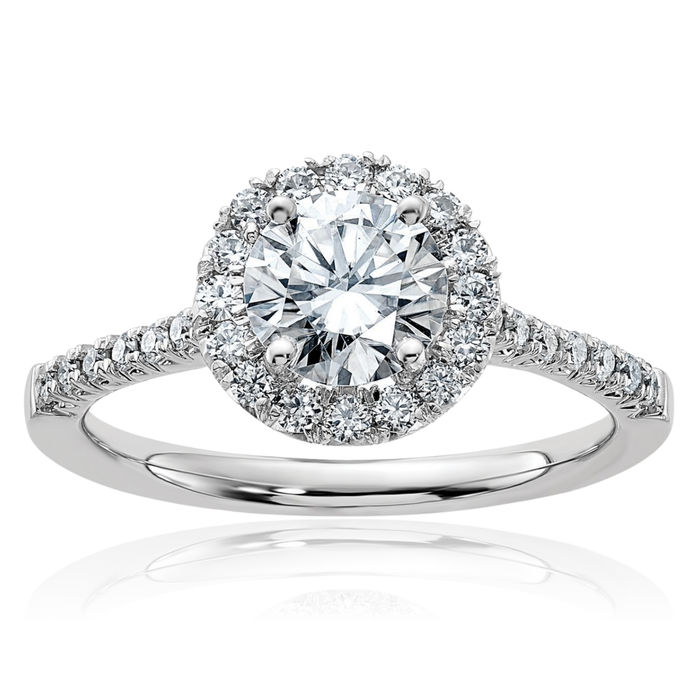 14K Solid White Gold 1 Round Halo Moissanite Engagement Ring