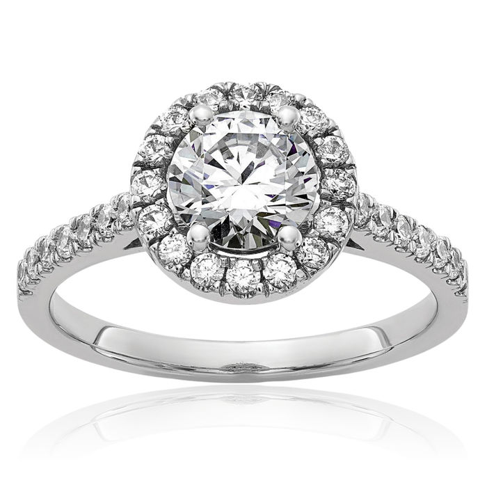 14K Solid White Gold 1 Round Halo Moissanite Engagement Ring