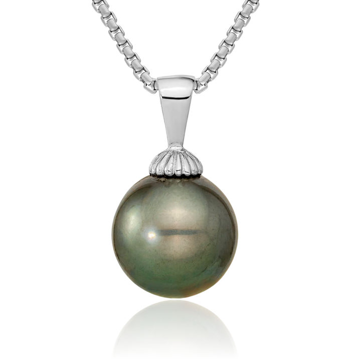 14K Solid White Gold 10mm Black Round Tahitian Saltwater Cultured Pearl Necklace Chain Pendant Charm