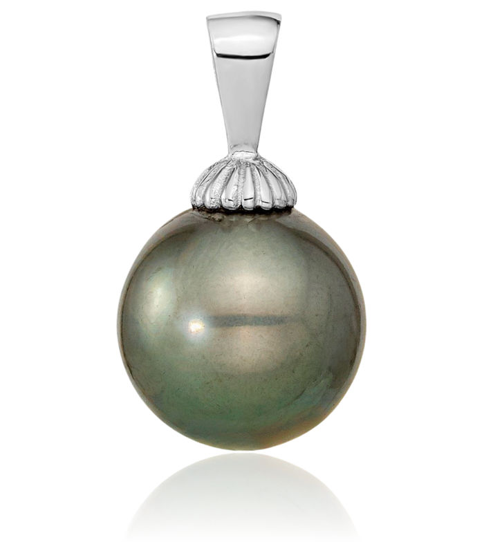 14K Solid White Gold 10mm Black Round Tahitian Saltwater Cultured Pearl Necklace Chain Pendant Charm