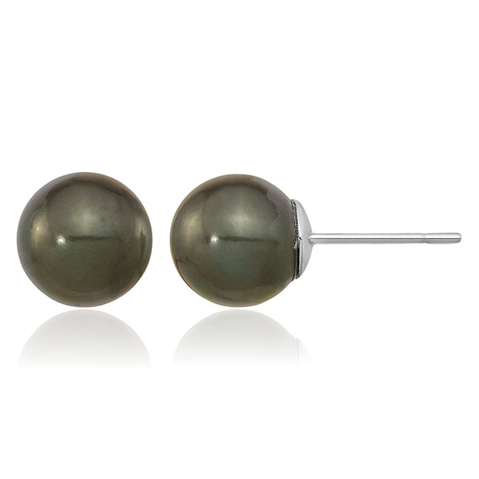 14K Solid White Gold 10mm Black Round Tahitian Saltwater Cultured Pearl Stud Earrings